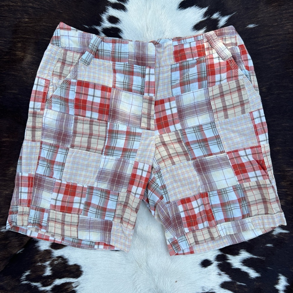 Larry Levine 100% cotton orange yellow brown and cream plaid patchwork shorts
